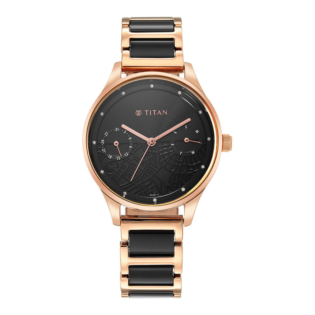 Titan Purple Acetate Black Dial Analogue with Day and Date Metal and Acetate Strap Watch for Women