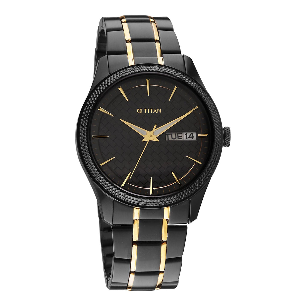 Titan Regalia Opulent Quartz Analogue with Day and Date Black Dial Two Toned Stainless Steel Strap Watch for Men