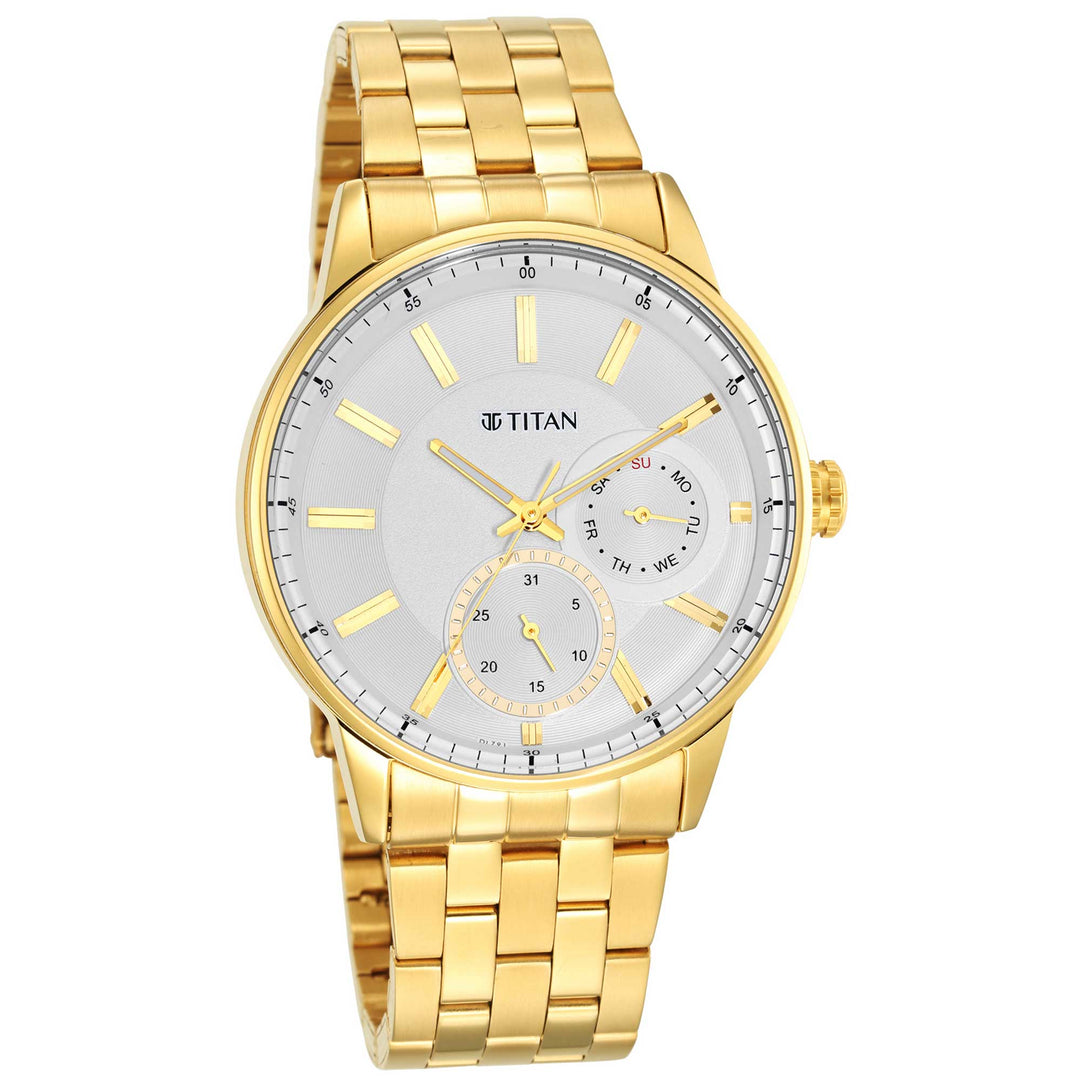 Titan Quartz Analogue White Dial Stainless Steel Strap Watch for Men