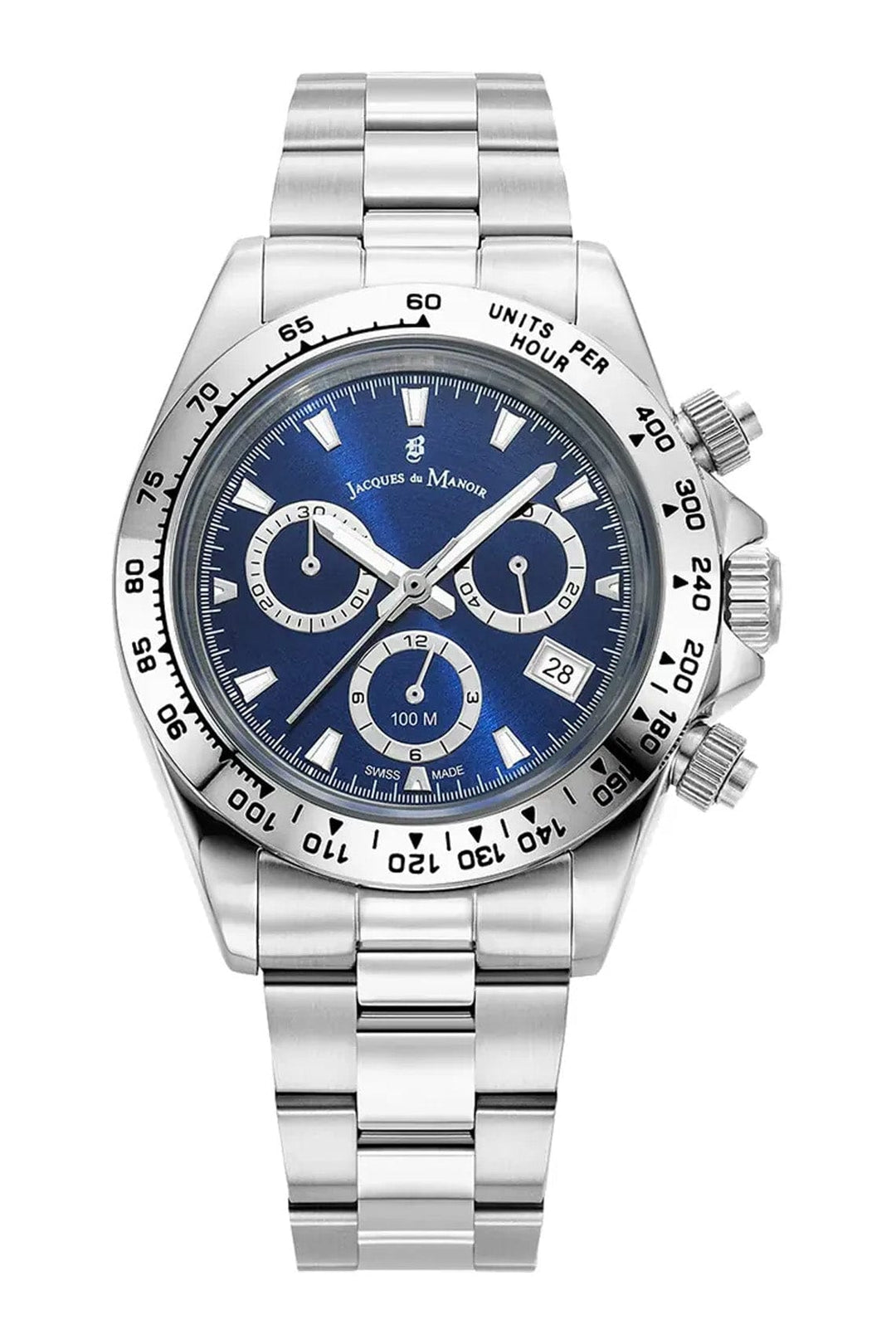 Jacques du Manoir Chronograph Watches Jacques Du Manoir Swiss Phoenix Chrono 40mm 100m Water Resistant Blue Dial Stainless Steel Strap Watch Jacques Du Manoir Swiss Phoenix Chrono 40mm 100m Water Resistant Blue Dial Stainless Steel Strap Watch Brand