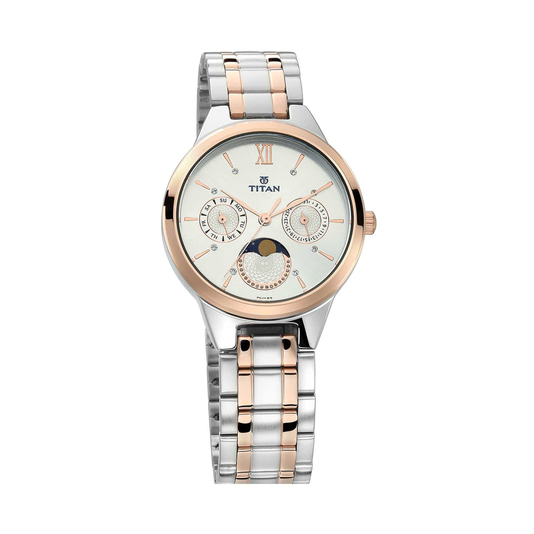 Titan Chronograph Watches Titan Workwear White Moonphase Stainless Steel Strap watch for Women Brand