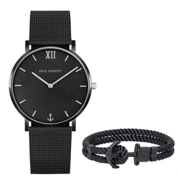 Paul Hewitt Watch Paul Hewitt Sailor Perfect Match Gift Set 39mm Black Sunray Sailor Luxury Watch and Black Phrep Bracelet Brand