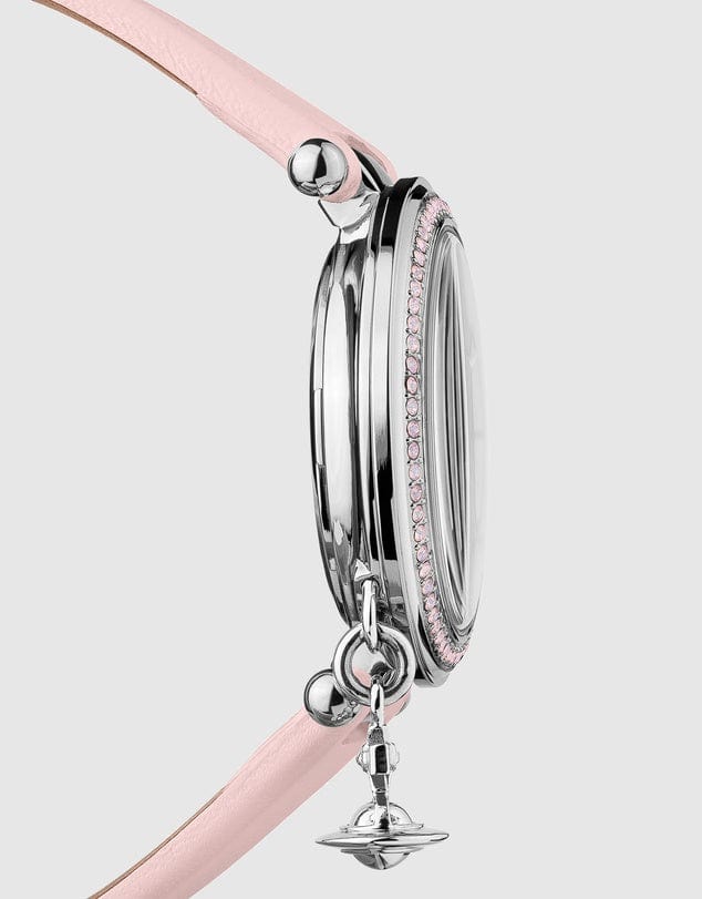 Vivienne Westwood Watch Vivienne Westwood Orb Pastelle Watch Pale Pink Leather Strap Silver Case With Swarovski Charm Women's Watch I Designer Vivienne Westwood I Orb Pastelle Pale Pink Silver  Brand