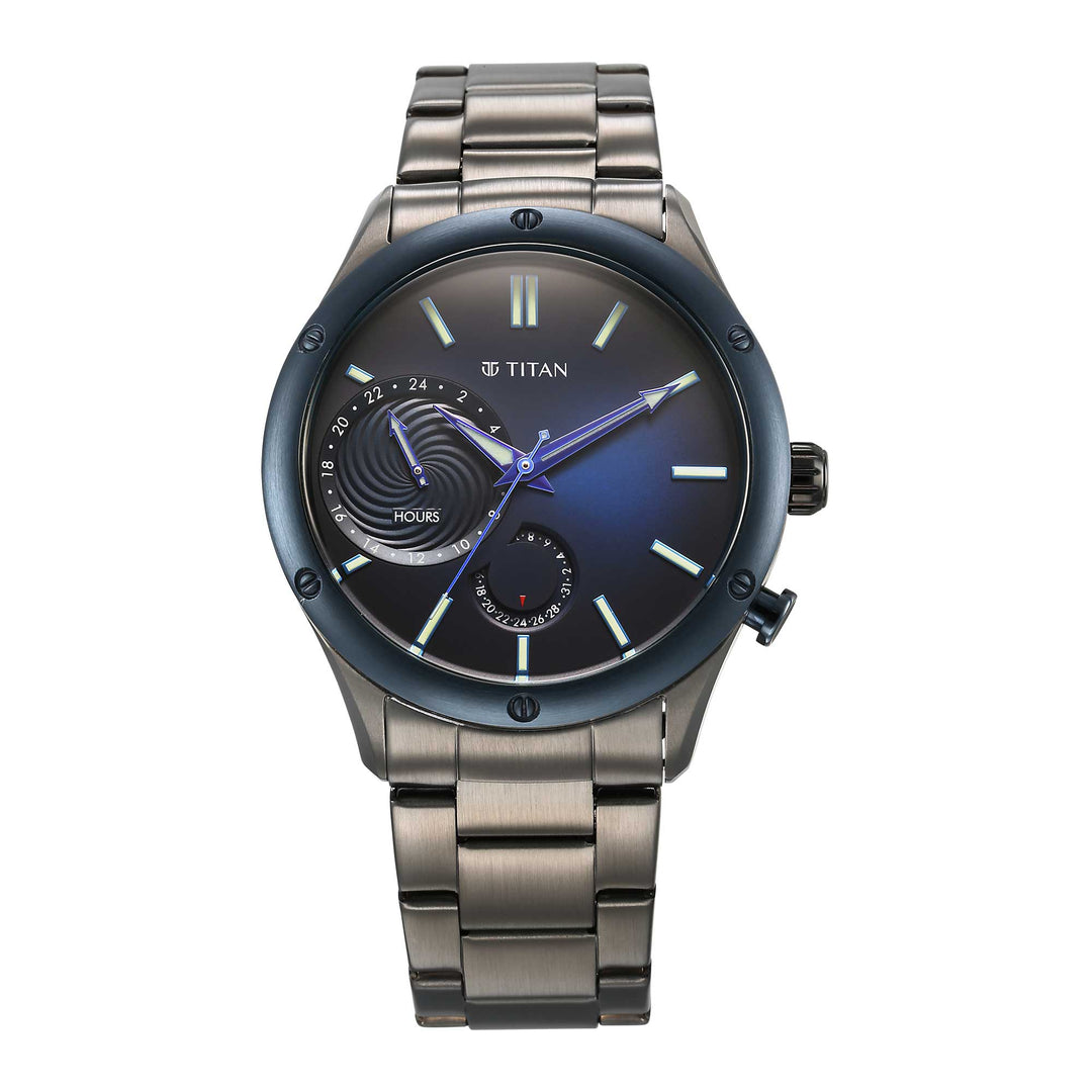 Titan Stellar Quartz Multifunction Blue Dial Stainless Steel Strap Watch for Men